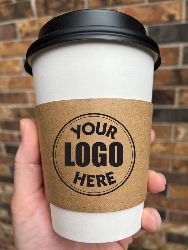 Black Ink Custom Logo Coffee Cup Sleeves With Cups and Lids - Set of 10