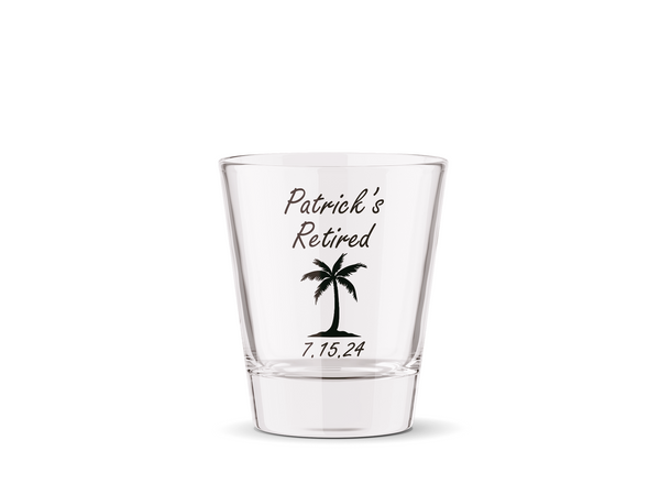 Personalized Retirement Party 2oz Shot Glass Favors - Palm Tree Design