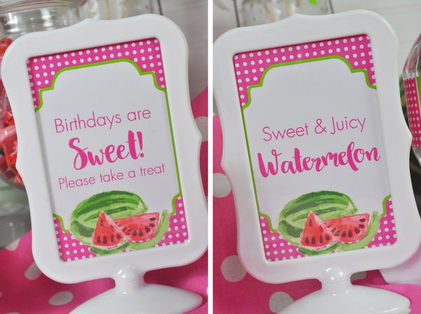 Watermelon Birthday Party 4x6 SIGNS , Summer Birthday, Girls Birthday Decorations - (2) 4x6 Printed Signs (Frames NOT included)