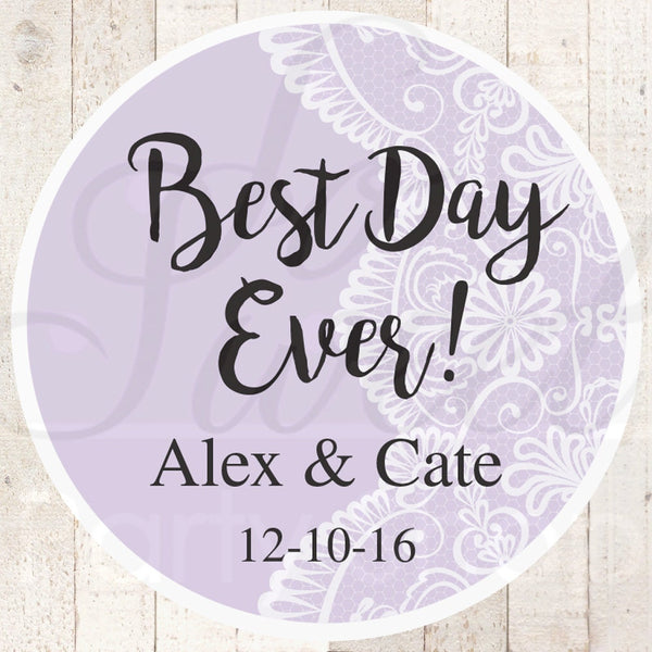 Wedding Favor Stickers, Bridal Shower Favor Labels, Personalized Stickers, Bachelorette Party Favors, Best Day Ever - Purple - Set of 24