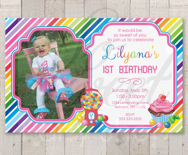 1st Birthday Invitations, Candy Sweet Shoppe Invitations, Rainbow Party Invites, Candy Land Birthday, Sweet Shop Birthday Party - Set of 10