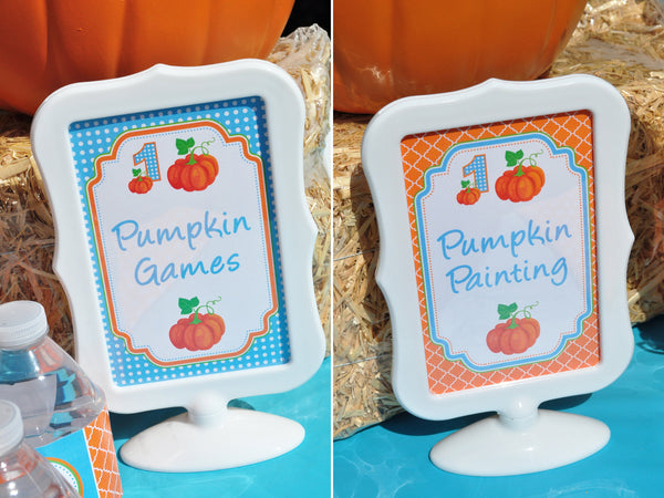 Pumpkin Birthday Party 4x6 SIGNS, Little Pumpkin Patch Party, Boys 1st Birthday Decorations - (2) 4x6 Printed Signs (Frames NOT included)