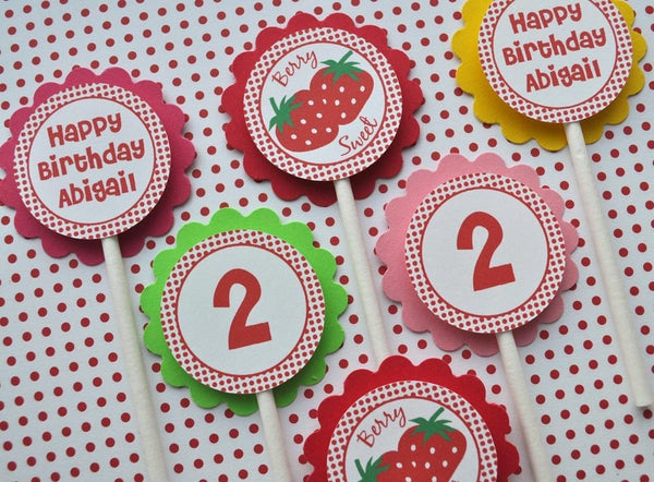 Strawberry Birthday Cupcake Toppers - Berry Sweet Strawberry Birthday Party - Personalized Birthday Decorations - Set of 12