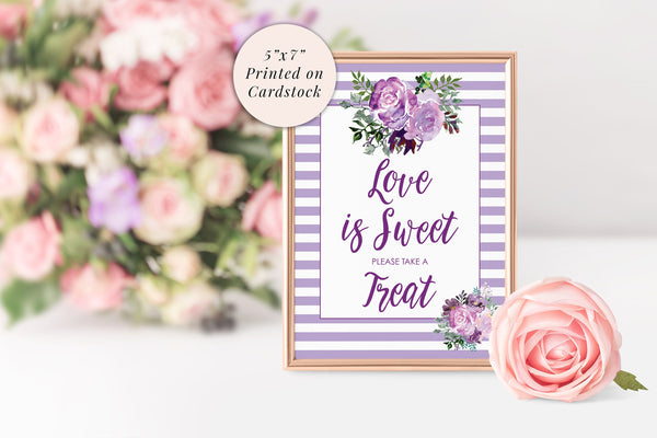 Wedding Love Is Sweet Sign 5x7 Print, Bridal Shower Sign, Sweet Treat Table Wedding Sign, Baby Shower Sign, Purple Floral PRINTED & SHIPPED!