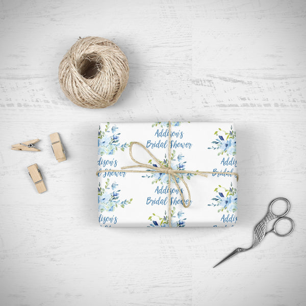 Personalized Bridal Shower Wedding Gift Wrap Sheets, Bridal Shower Wrapping Paper Blue Floral, Unique Wedding Present Wrapping Paper