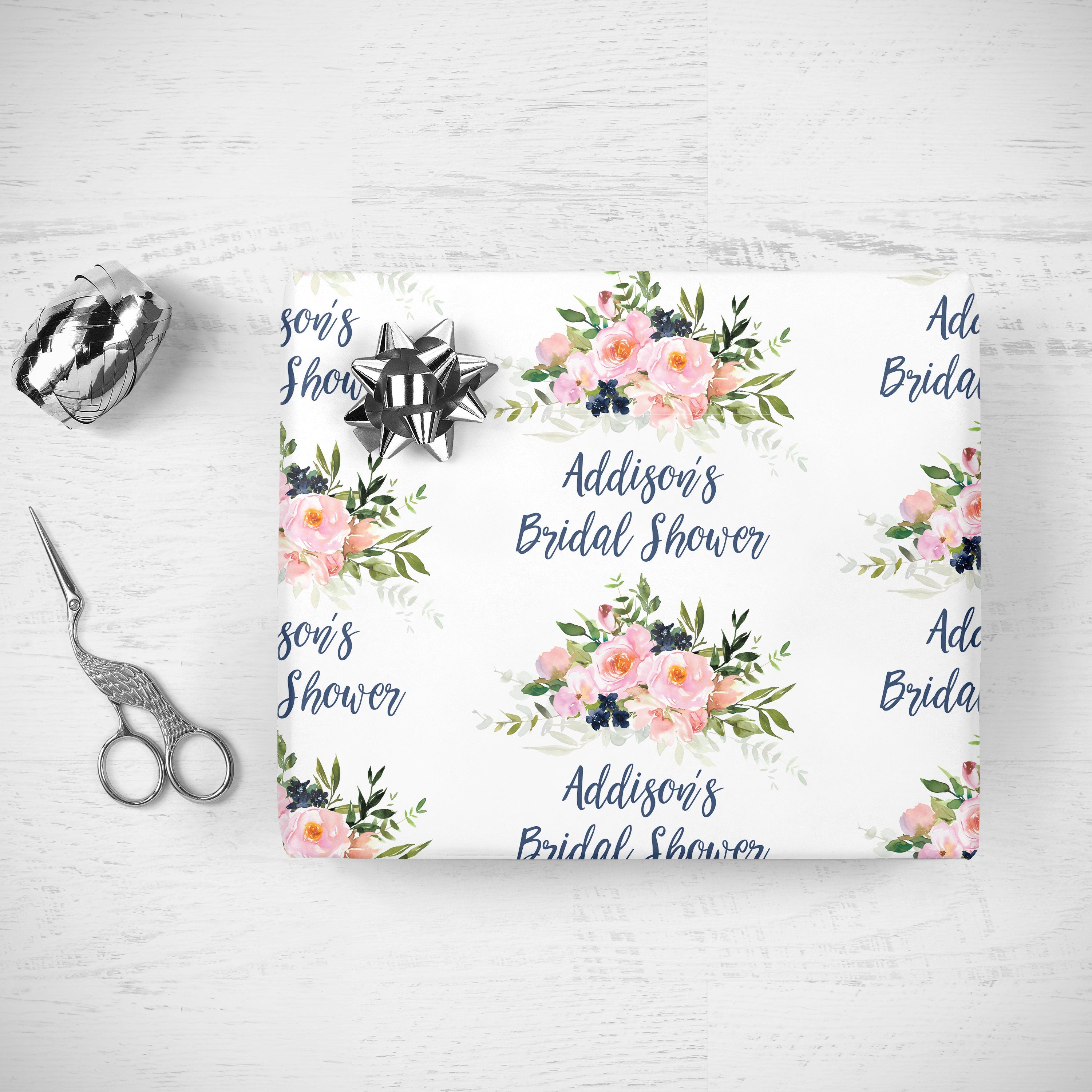 Bridal Shower Wrapping Paper Pink Blush Navy Floral, Personalized
