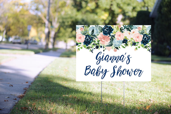 Baby Shower Yard Sign Navy Blue Pink Floral, Baby Shower Lawn Sign, Virtual Baby Shower Social Distancing Quarantine 24” x 18" Printed Sign