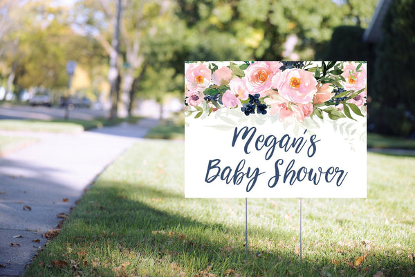 Baby Shower Yard Sign Pink Navy Blue Floral, Baby Shower Lawn Sign, Virtual Baby Shower Social Distancing Quarantine 24” x 18" Printed Sign