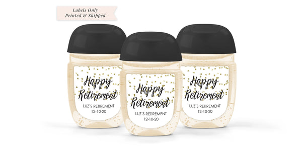 Retirement Sanitizer Labels, Happy Retirement Party Favors Hand Sanitizer Stickers, Black and Gold Retirement Favors - Set of 30 Labels