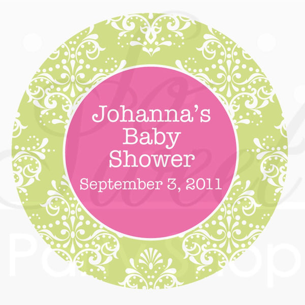 Girls Baby Shower Favor Sticker Labels, Baby Shower Favors, Stickers, Party Favors - Pink and Green Stripe and Damask - Set of 24
