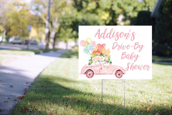 Drive By Baby Shower Yard Sign Pink Girl Baby Shower Lawn Sign, Virtual Baby Shower Social Distancing Quarantine 24” x 18" Printed Sign