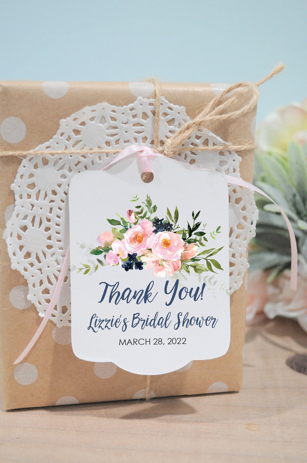 Bridal Shower Favor Tags, Wedding Thank You Tags Favors Personalized Wedding Tags, Pink Navy Blue Floral Shower Hang Tags - Set of 12