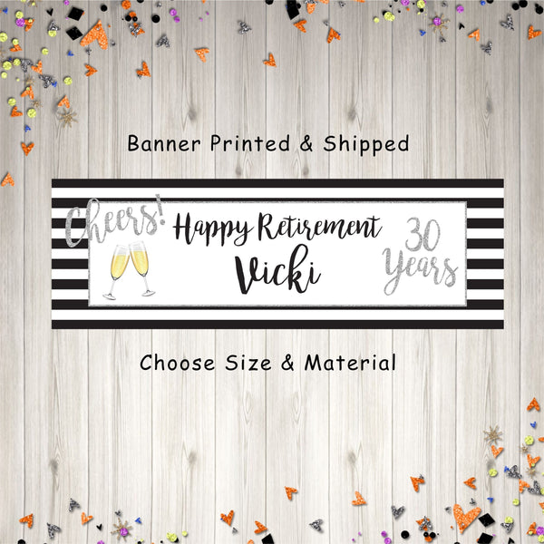 Retirement Banner, Happy Retirement Decorations, Black and Silver Retirement Party Banner Sign, Printed & Shipped