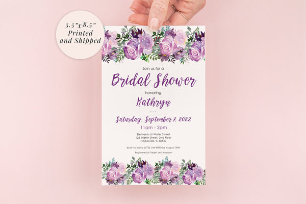 Bridal Shower Invitations Purple Floral Invites, Wedding Shower, Bridal Luncheon - Printed and Shipped - Set of 10