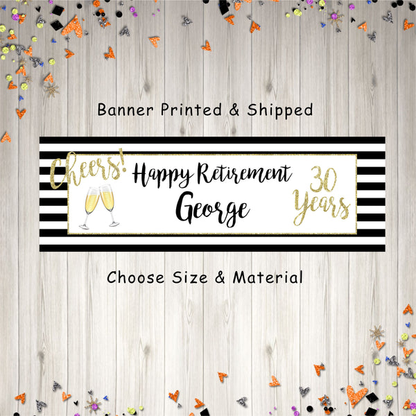 Retirement Banner, Happy Retirement Decorations, Black and Gold Retirement Party Banner Sign, Printed & Shipped