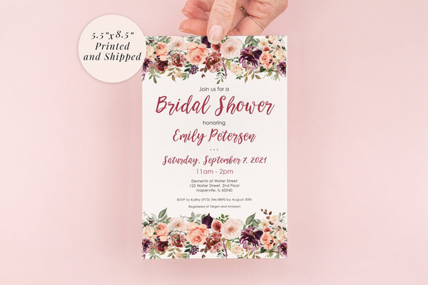 Bridal Shower Invitations Fall Floral Invites, Wedding Shower, Bridal Luncheon - Printed and Shipped - Set of 10