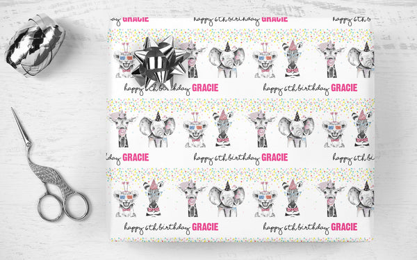 Party Animals Birthday Name Gift Wrap, Personalized Name Wrapping Paper, Wild Animals Party Gift Wrap Sheets, Happy Birthday Wrapping Paper