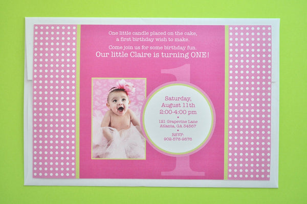 Birthday Party Invitations - Girls 1st Birthday - Pink and Lime Green Birthday Party Decorations - Set of 10
