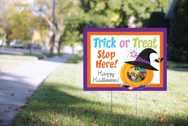 Trick Or Treat Yard Sign, Halloween Lawn Sign, Trick Or Treat Stop Here, Happy Halloween Outdoor Front Yard Sign - 24” x 18" Printed Sign
