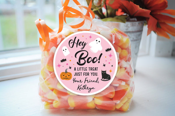 Halloween Party Treat Bag Stickers, Hey Boo Pink Halloween Stickers, School Halloween Favor Trick Or Treat Stickers, Class Treat - Set of 24