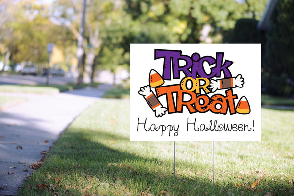 Trick Or Treat Yard Sign, Halloween Candy Lawn Sign, Trick Or Treat Welcome Happy Halloween Outdoor Front Yard Sign - 24” x 18" Printed Sign