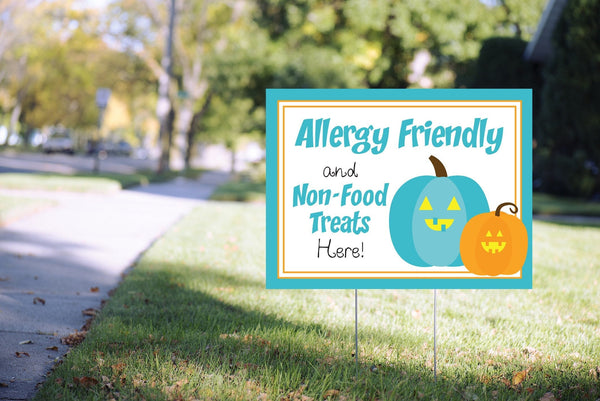 Allergy Friendly And Non Food Treats Here Trick Or Treat Yard Sign, Teal Pumpkin Halloween Candy Outdoor Lawn Sign - 24” x 18" Printed Sign