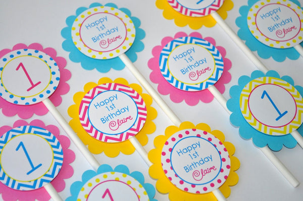 Girls Birthday Cupcake Toppers, 1st Birthday Decorations, Chevron Birthday Decorations with Polkadots - Teal, Pink, Yellow - Set of 12