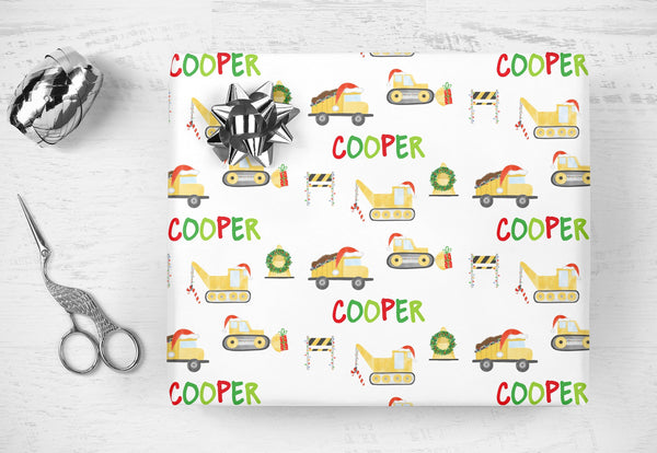 Personalized Name Construction Vehicles Christmas Gift Wrap Boy Wrapping Paper, Gift Wrap Sheets, Holiday Wrapping Paper, Unique Christmas