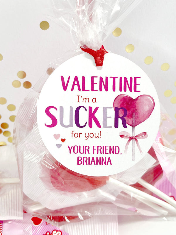 Sucker Valentine Tags, Heart Lollipop Sucker For You School Valentines Day Cards, Personalized Classroom Valentines - Set of 12 Tags