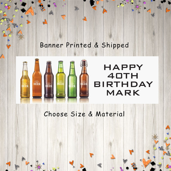 Beer Birthday Party Banner, Adult Birthday 40th, 50th, 60th, 21st Milestone Birthday Decorations, Mens Birthday Banner - Printed and Shipped