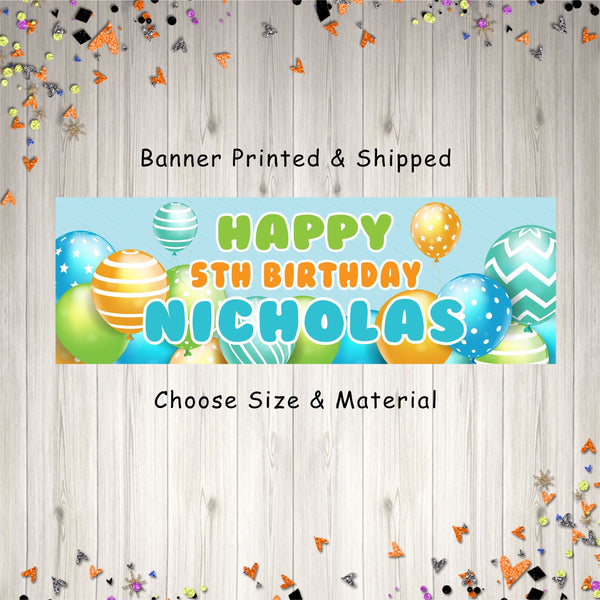 Happy Birthday Banner, Personalized Birthday Banner, Birthday Balloon Banner, Blue and Orange Boy Birthday Banner - Printed and Shipped
