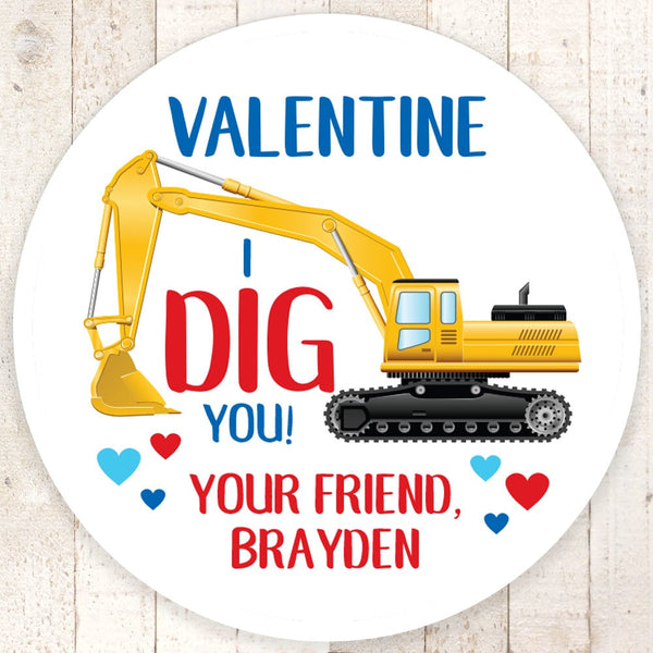 I Dig You Valentines Day Stickers, Kids Construction Valentines Day Cards, Treat Bag Stickers, Classroom Valentines - Set of 24 Stickers