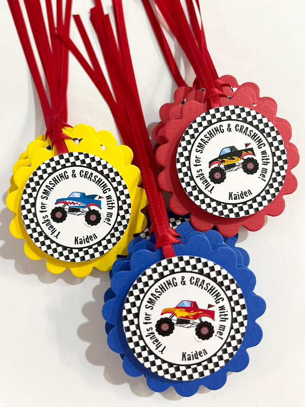 Monster Truck Party Favor Tags, Monster Truck Rally Racing Birthday Party Decorations, Kids Personalized Party Favor Tags - Set of 12