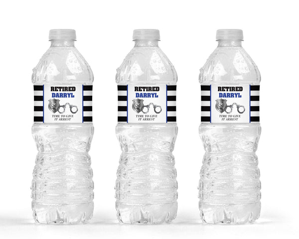 Police Retirement Water Bottle Labels, Retirement Party Black Blue Happy Retirement Drink Labels, Waterproof Water Bottle Wraps - Set of 10