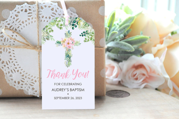 Baptism Favor Tags Girl, Thank You Tags First Holy Communion Favor Tag, Baby Christening Greenery Pink Floral Cross Personalized - Set of 12