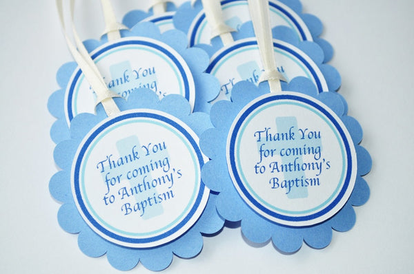 Boys Baptism Favor Tags, 1st Holy Communion Favor Tags, Blue Baptism Thank You Tags, Baptism Communion Favors Party Tags - Set of 12 Tags