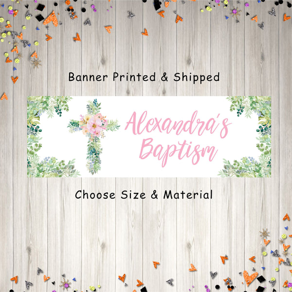 Baptism Banner Girl, Baby Christening Banner, Greenery Pink Floral Cross Baptism Party Sign Decorations - Printed & Shipped