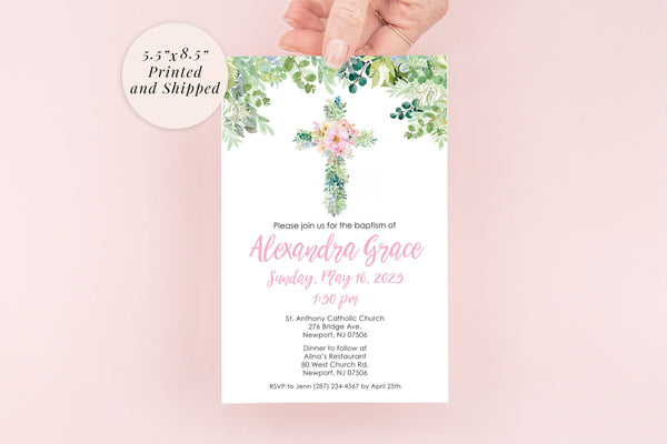 Baptism Invitation Girl Greenery Pink Floral Cross, Baptism Invite, Baby Girl Christening - Printed and Shipped - Set of 10
