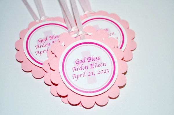 Girls Baptism Favor Tags Pink Cross, First Communion Favor Tags, Thank You Favor Tags, Religious Party Decorations - Set of 12