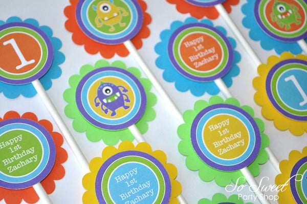 Monster Birthday Cupcake Toppers, Monsters Aliens, Boys 1st Birthday Decorations, Party Decorations, Kids Birthday Party Ideas - Set of 12