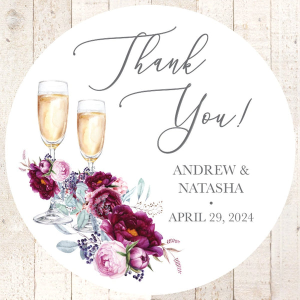 Wedding Favor Stickers Burgundy Floral Champagne Glass Wedding Thank You Stickers Personalized Favor Labels - Set of 24 Stickers
