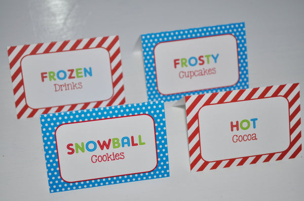 Snowman Birthday Food Labels, Buffet Labels - Winter Onederland Birthday Party Decorations - Christmas Party - Set of 12
