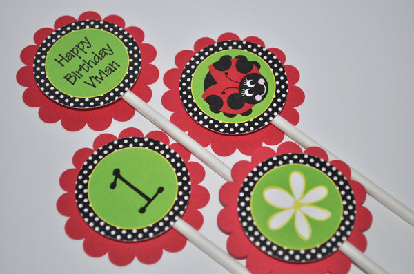 Ladybug Birthday Cupcake Toppers - Girls Birthday Party - Personalized Party Decorations - Ladybug and Daisy - Red, Green, Black - Set of 12
