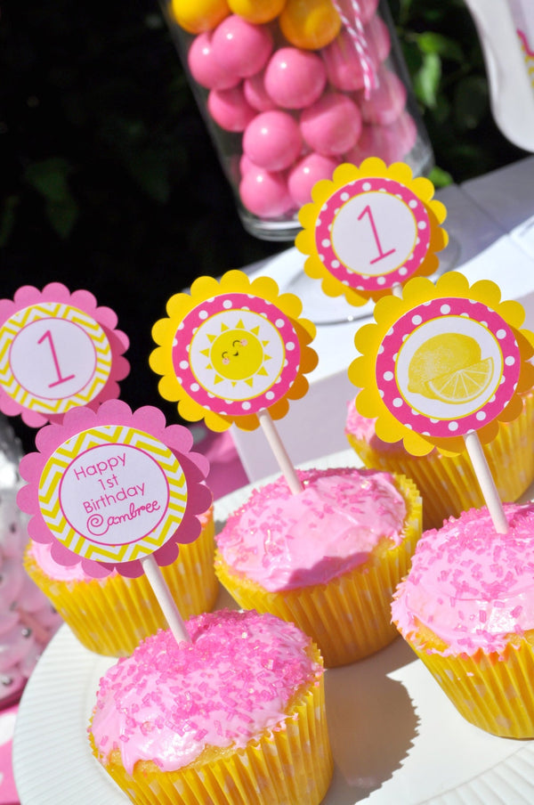 Lemonade and Sunshine Birthday Cupcake Toppers, Lemonade Birthday, Sunshine Birthday, You Are My Sunshine, Pink Lemonade Party - Set of 12