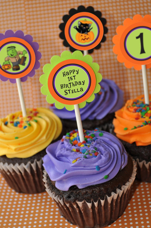Halloween Cupcake Toppers - 1st Birthday - Halloween Birthday Party Decorations - Trick or Treat - Pumpkin Birthday - Set of 12