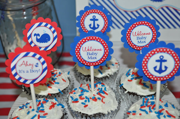 Nautical BABY SHOWER Cupcake Toppers - Boys Baby Shower Decorations - It&#39;s A Boy Cupcake Toppers - Whales and Anchors - Set of 12