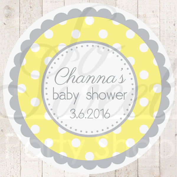 Baby Shower Favor Sticker Labels - Yellow and Gray Polkadot - Personalized Baby Shower Favors - Baby Shower Decorations - Set of 24