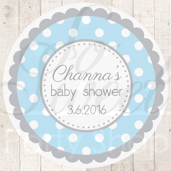 Boys Baby Shower Favor Sticker Labels - Blue and Gray Polkadot - Personalized Baby Shower Favors - Baby Shower Decorations - Set of 24