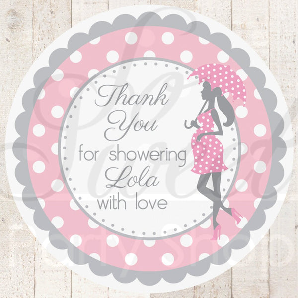 Girls Baby Shower Favor Sticker Labels - Pink and Gray Polkadot - Personalized Baby Shower Favors - Baby Shower Decorations - Set of 24