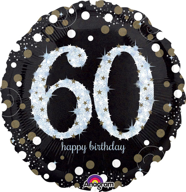 60th Birthday Balloon Black Gold Silver 18" Foil Mylar Adult Birthday Balloon Helium Filled
